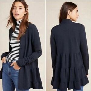 Anthropologie Lila Tiered Babydoll Open Front Cardigan Sweater XS navy blue
